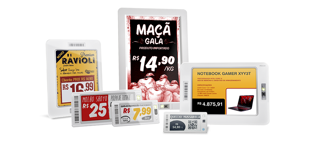 Etiquetas eletrônicas em LCD e HD, em 6 tamanhos com código de barras e preço, nos maiores possuem fotos e descrição de produto