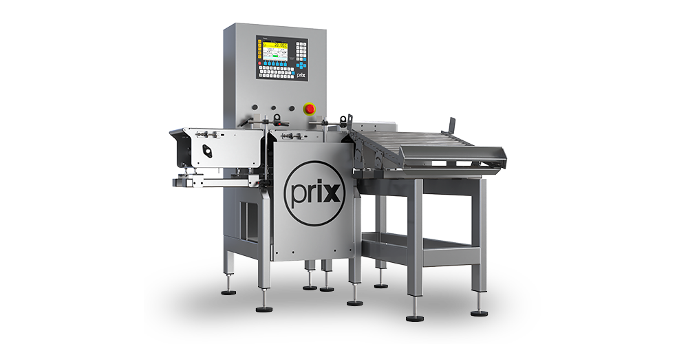 Checkweigher Prix TS4XDYN apresenta uma esteira de produto em aço inox ou carbono e um painel lateral de chão com display colorido