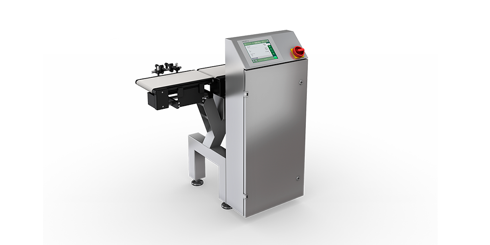 Checkweigher automática de alta performance modelo E-CE: feita em inox, produção até 150 ppm e com rejeitador de sopro de ar.