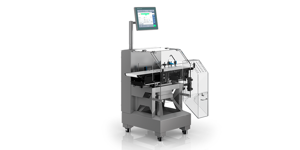 Checkweigher automática de alta performance modelo HC-A: feita em inox, produção até 600 ppm e 1 caixa plástica de rejeito
