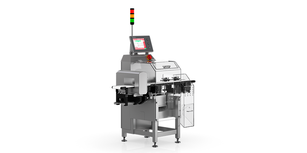 Checkweigher automática de alta performance modelo HC-M: em inox, produção até 250 ppm, 1 caixa plástica de rejeito, esteira e tela LCD